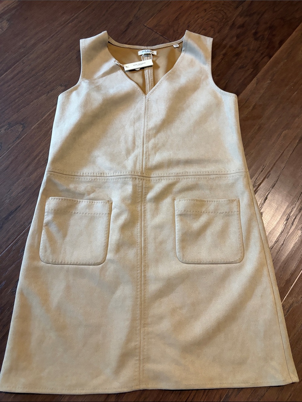Max Studio Light Beige V-Neck Suede Pocket Mini Dress